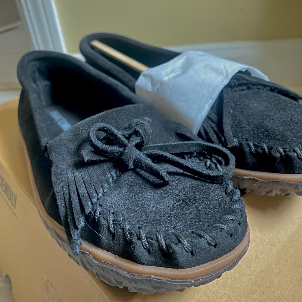 Black Suede Moccasins with Bow Detail